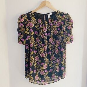 Joie Black Floral Puff Sleeve Blouse - size M